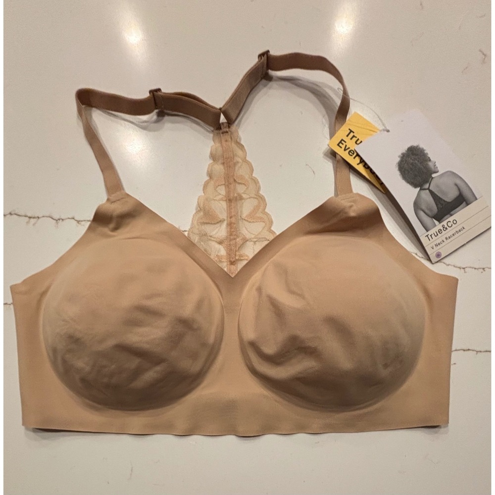 True & Co XL V Neck Racerback Bra Women Nude 38C- 40B